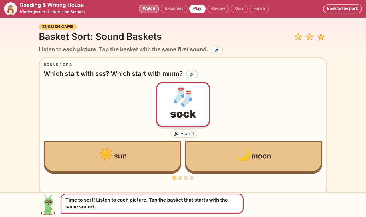 A Reading and Writing House game: sort pictures into baskets by their first sound