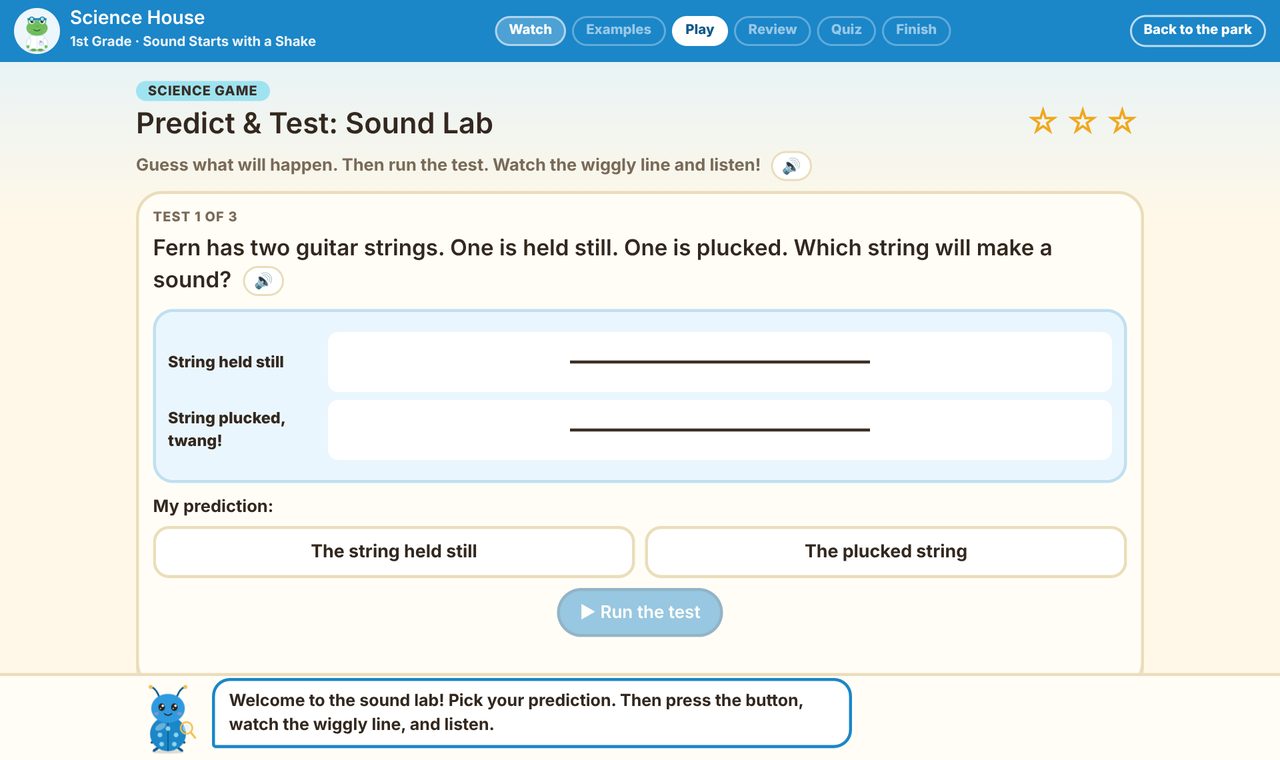 A Science House game: predict which guitar string will make a sound, then run the test
