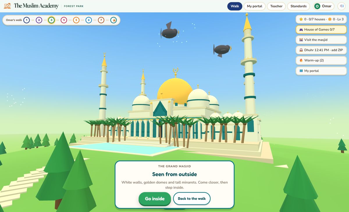 A 3D grand masjid with golden domes and minarets that students can walk into